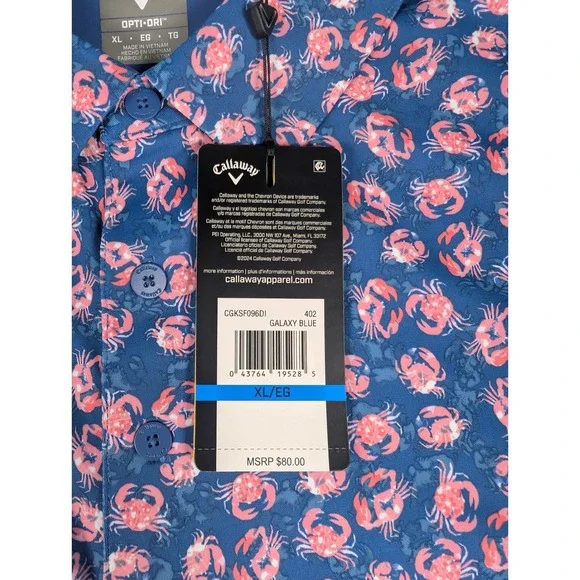 Callaway Mens XL Opti-Dri Golf Polo Galaxy Blue Pink Crab Print UPF 50 NWT - Picture 4 of 8